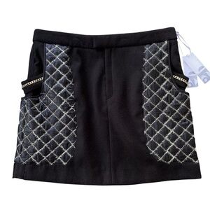 2B Rych Metallic Quilted Chain Cocktail Mini Skirt Black Gold Size 10